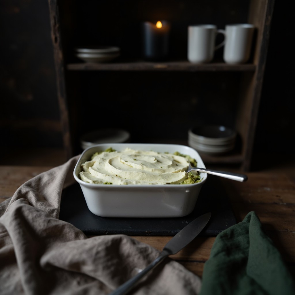 Rechteckige Auflaufform mit glatter Mascarpone-Oberflaeche und gruenen Raendern fuer die zweite Schicht des Matcha-Tiramisu