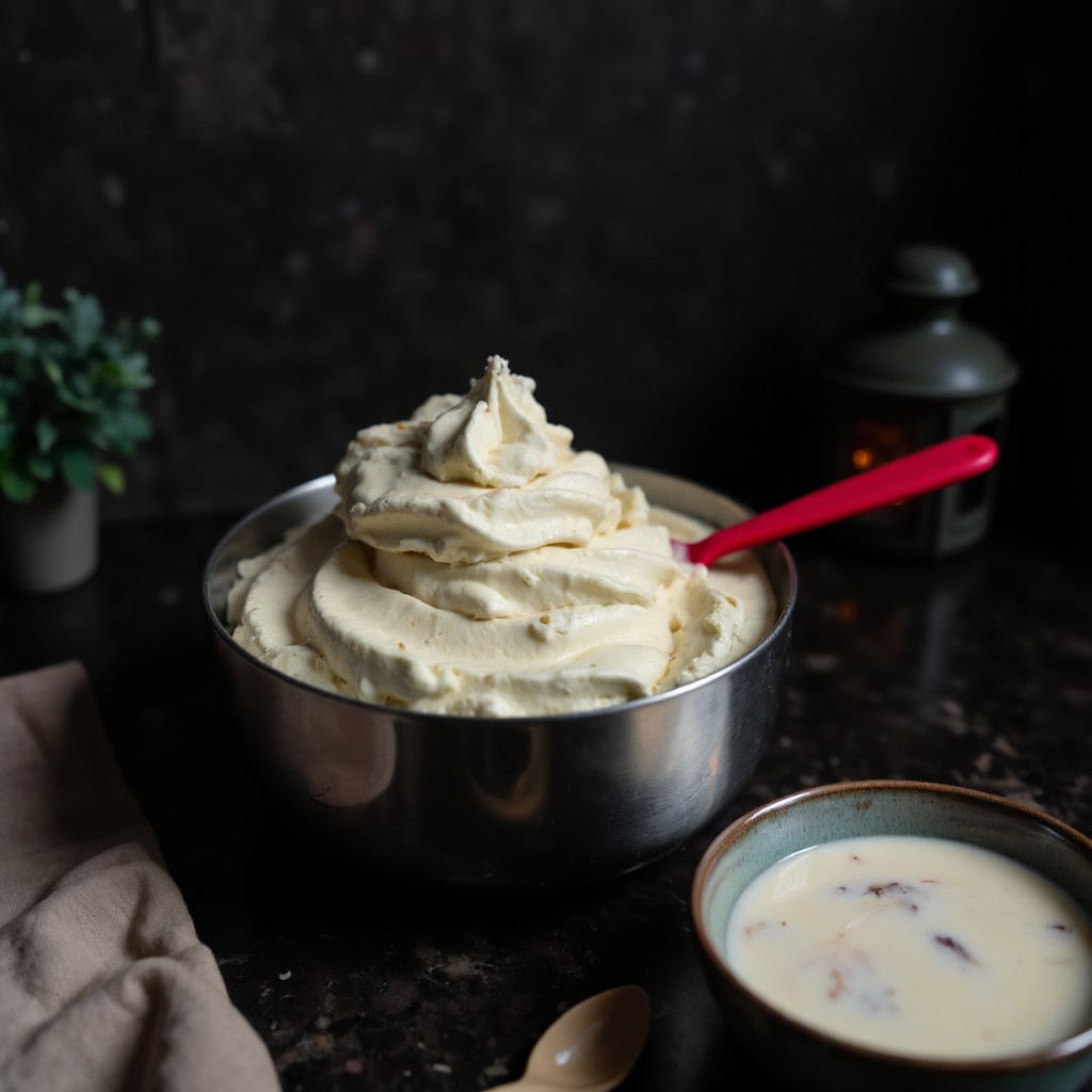 Steif geschlagene Schlagsahne mit festen Spitzen in Edelstahlschuessel, roter Teigschaber und Mascarponeschale daneben