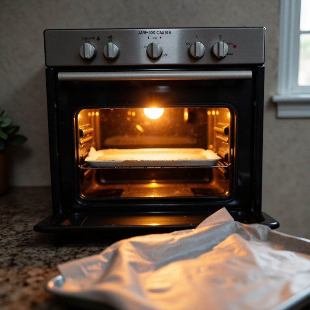 Geöffneter Backofen mit Backblech und Backpapier auf dem Rost bereit für die Onion Boils und Alufolie auf der Arbeitsfläche
