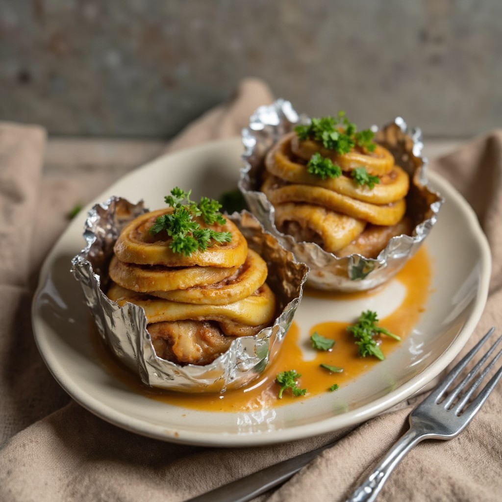 Zwei fertige Onion Boils auf einer Servierplatte in geöffneter Alufolie mit karamellisierten Schichten und frischer Petersilie