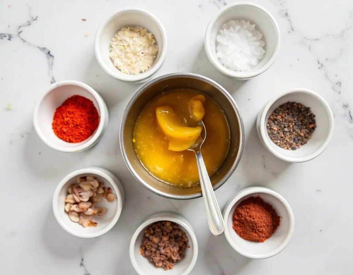 Geschmolzene Butter in einem Töpfchen umgeben von kleinen Schälchen mit Paprikapulver, Knoblauch, Salz und Cajun-Gewürz