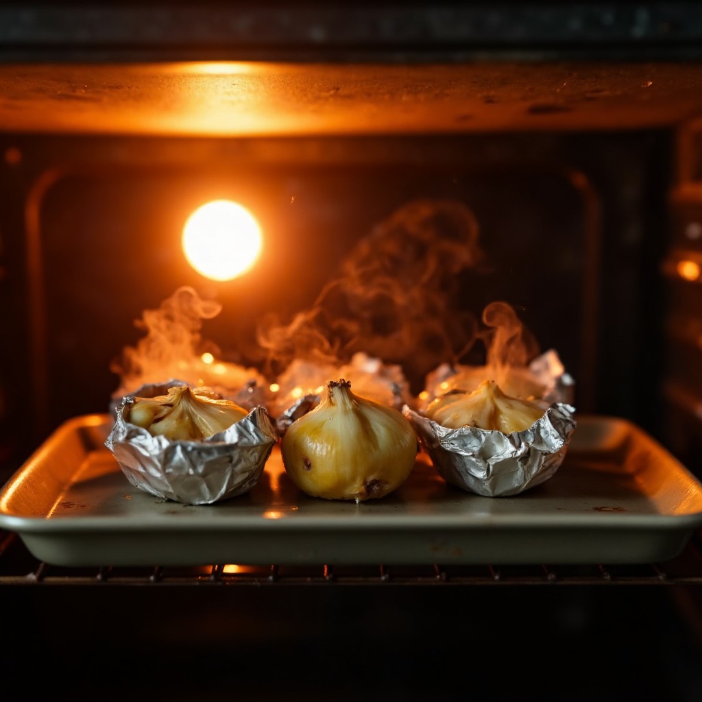 Vier Alufolien-Päckchen auf einem Backblech im heißen Ofen mit einem geöffneten Päckchen das eine goldbraune Zwiebel zeigt