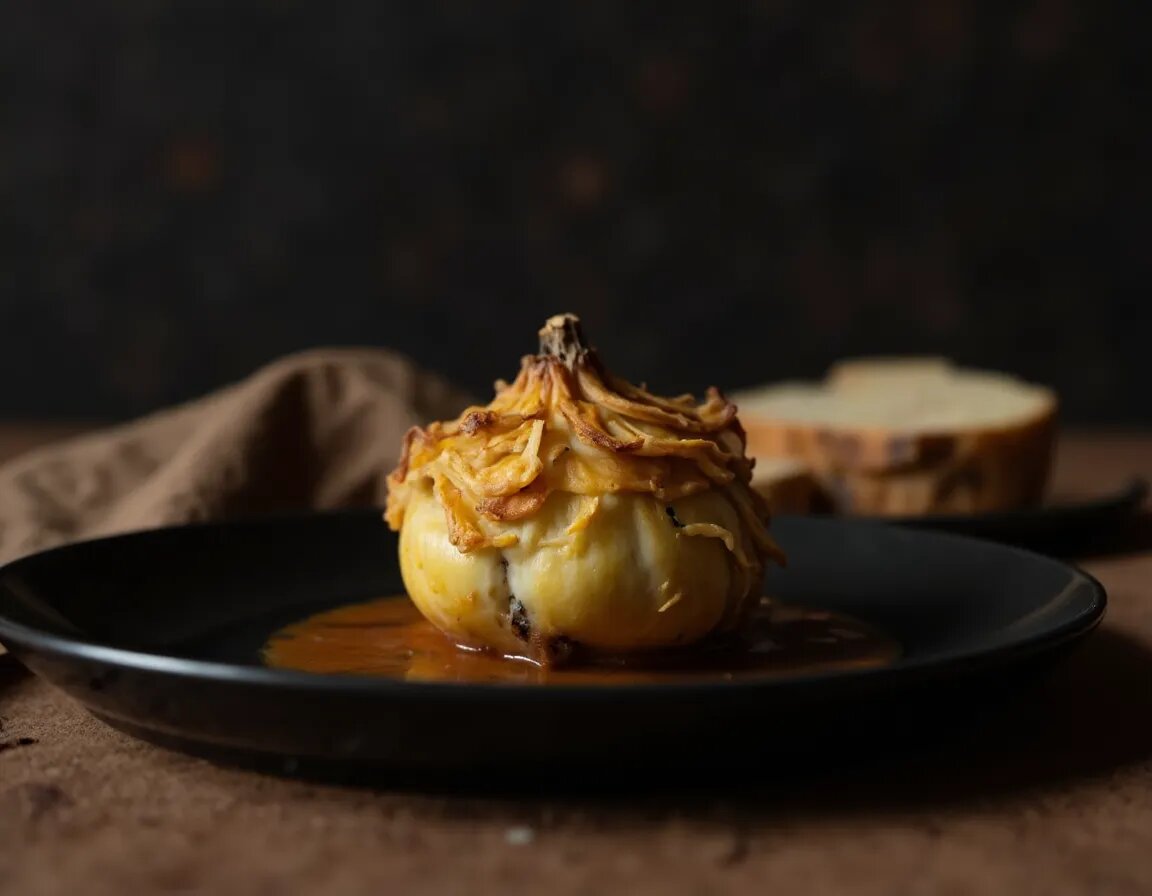 Gebackener Onion Boil auf dunklem Keramikteller mit karamellisierten Schichten und Gewürzbutter-Sauce daneben ein Stück Saürteigbrot