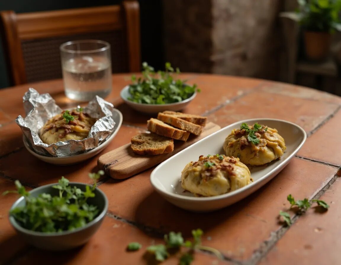 Gedeckter Tisch mit zwei Onion Boils auf ovaler Platte daneben geschnittenes Bagütte grüner Salat und ein Glas Wasser
