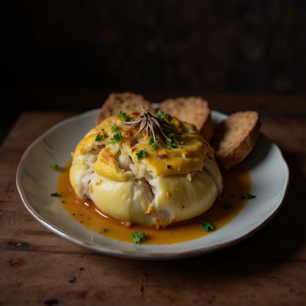 Fertiger Onion Boil auf einem weißen Teller mit goldbraun karamellisierten Zwiebelschichten und glänzender Gewürzbutter
