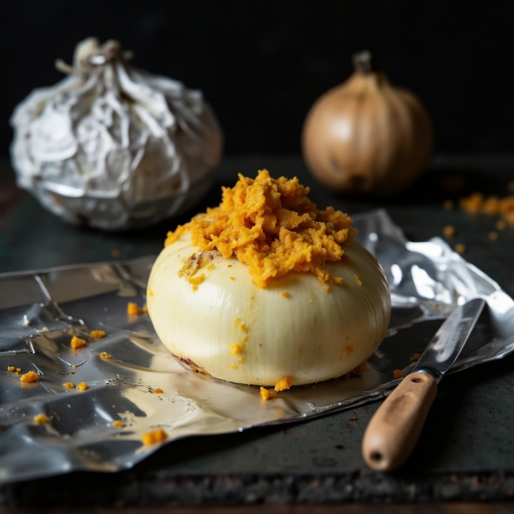Geschälte Zwiebel auf Alufolie mit goldener Gewürzbutter in der ausgehöhlten Mulde bereit zum Einwickeln