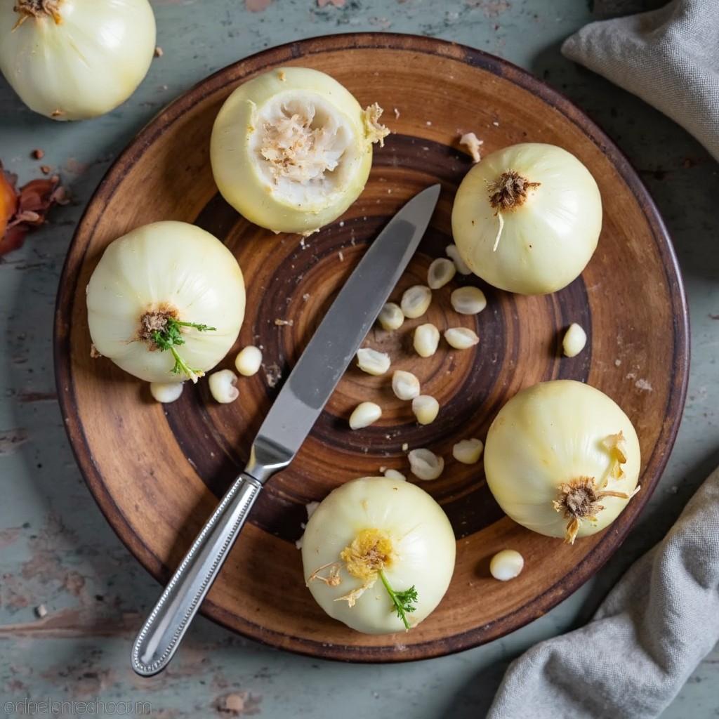 Vier geschälte große Zwiebeln auf einem Holzbrett mit ausgehöhlter Mulde und einem Kugelausstecher daneben