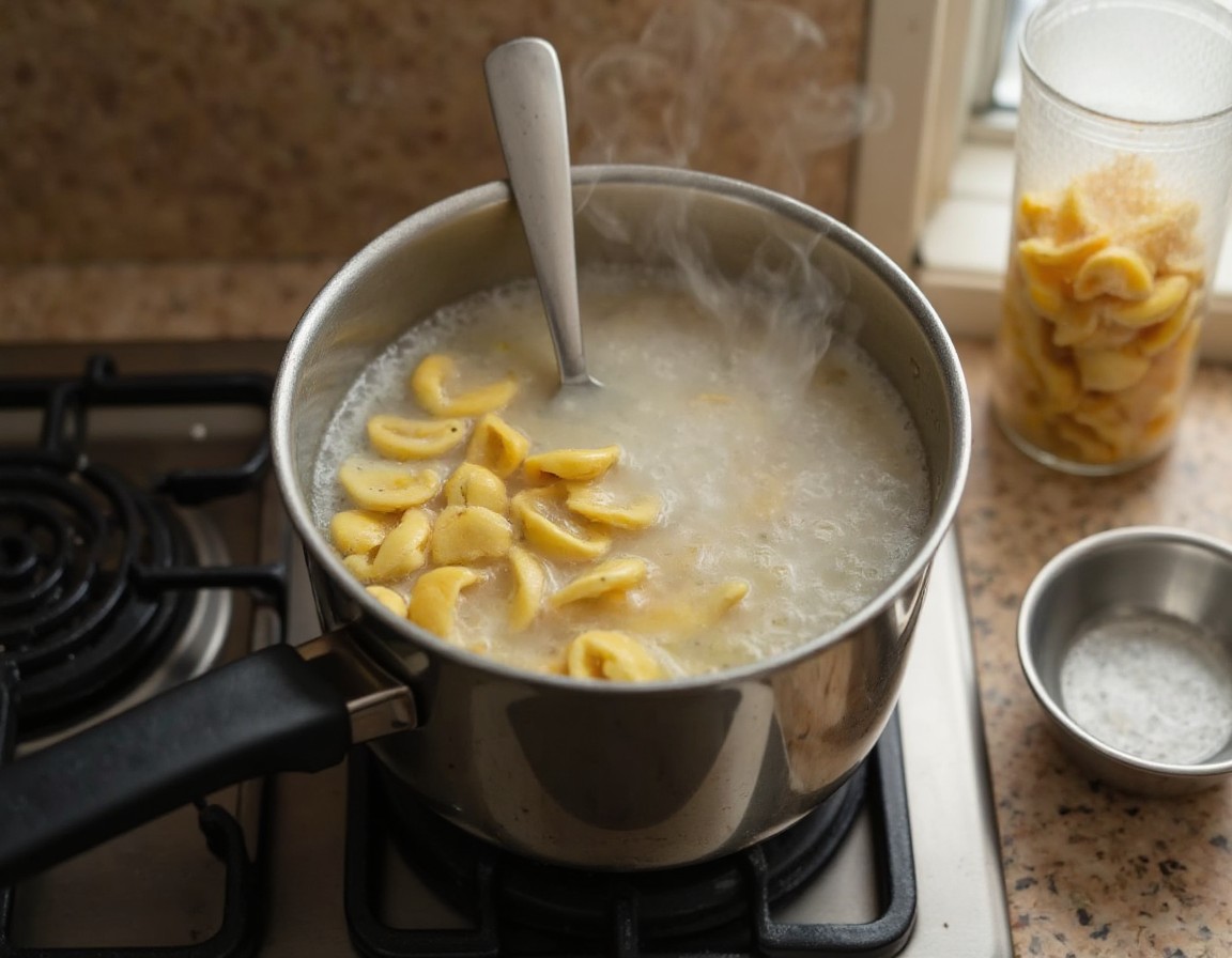 Farfalle Pasta wird in einem großen Topf mit sprudelnd kochendem Salzwasser al dente gekocht für Pasta Chips