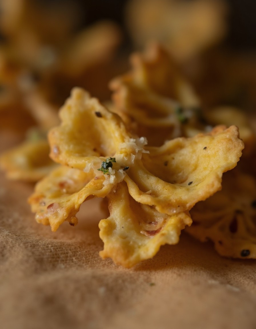 Nahaufnahme einer einzelnen knusprigen Farfalle mit goldbrauner Parmesan-Kräuter-Kruste