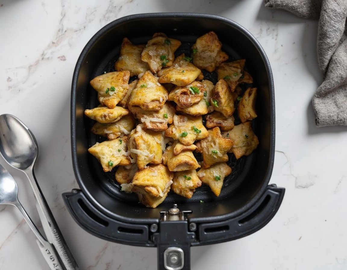 Gewürzte Farfalle Pasta Chips liegen in einer einzelnen Schicht im Airfryer-Korb bereit zum knusprigen Backen