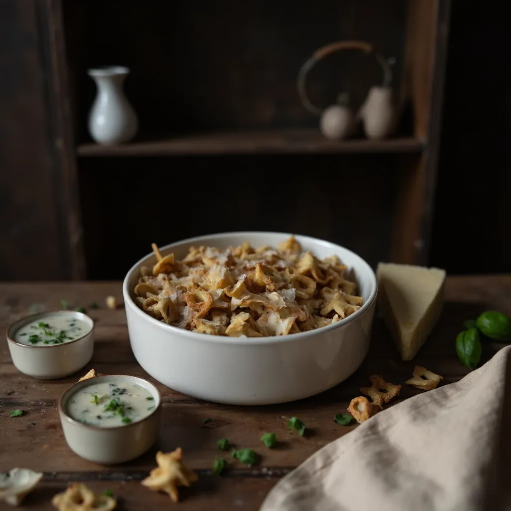 Knusprige Pasta Chips aus dem Airfryer mit Parmesan und Kräutern in einer Schale serviert, daneben ein cremiger Kräuterdip