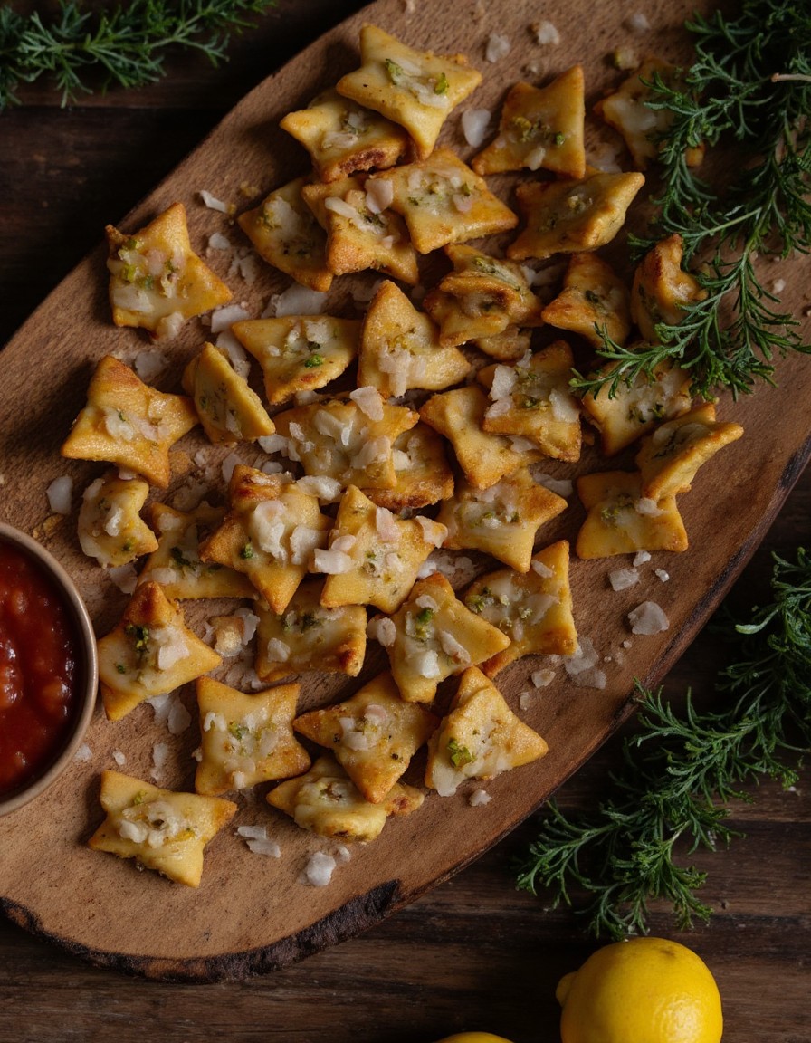 Goldbraune Farfalle Pasta Chips auf einem rustikalen Holzbrett mit Marinara-Dip und Rosmarin