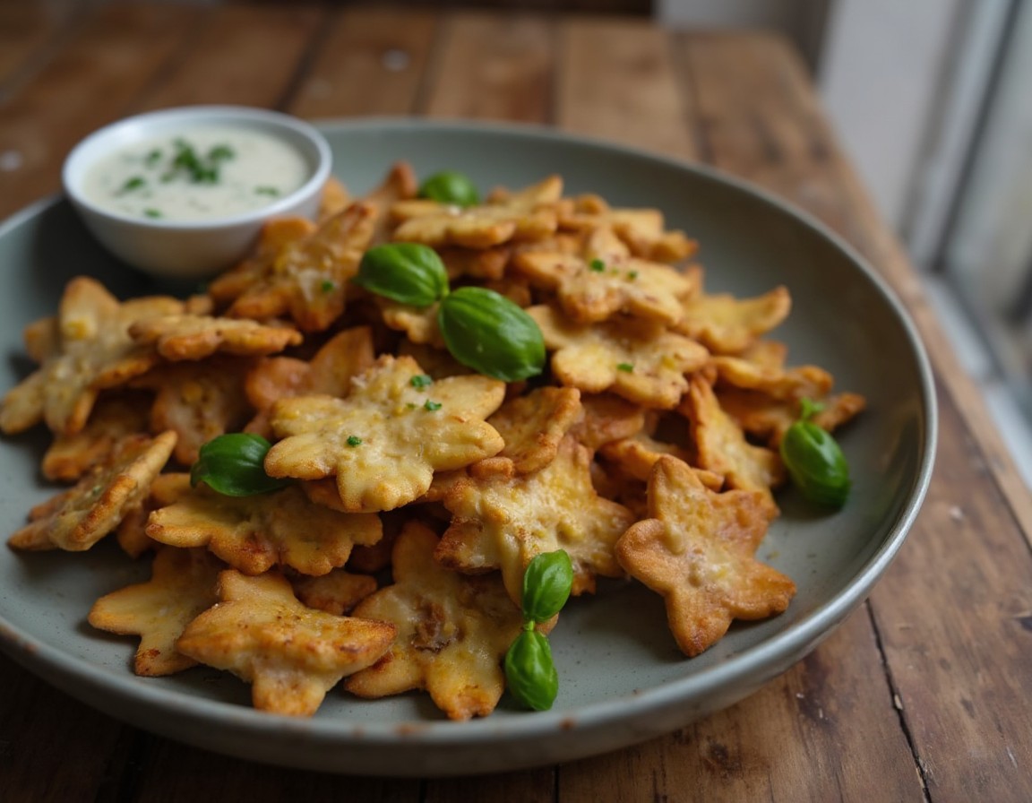 Fertige goldbraune Pasta Chips aus dem Airfryer auf einem Teller angerichtet mit Kräuterdip und frischem Basilikum