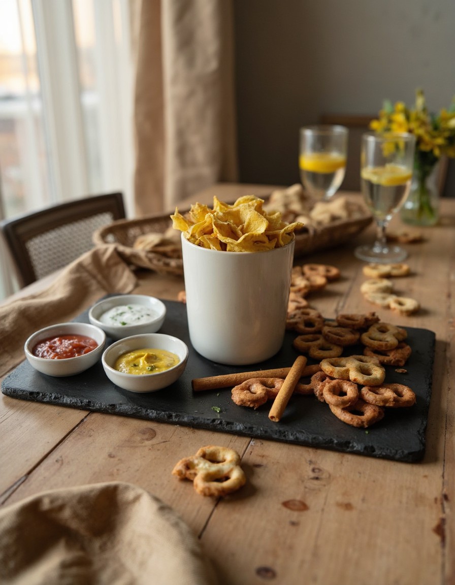 Pasta Chips Snack-Platte auf Schieferplatte mit drei verschiedenen Dips und Sprudelwasser