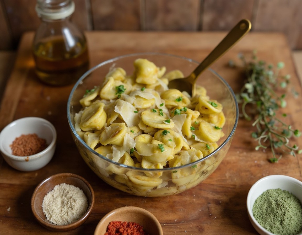 Gekochte Farfalle werden in einer Schüssel mit Olivenöl, geriebenem Parmesan und italienischen Kräutern vermengt
