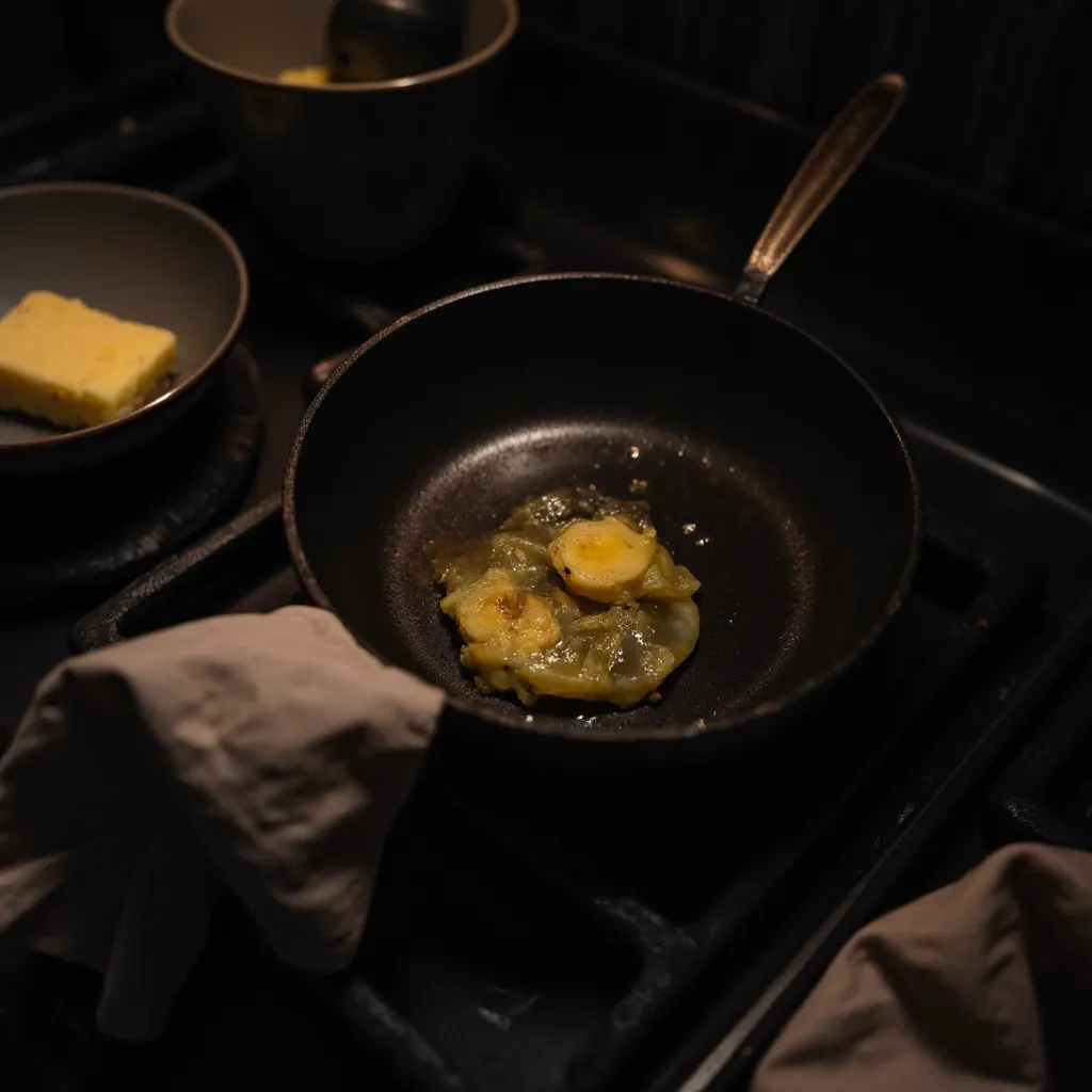 Beschichtete Pfanne auf dem Herd mit schmelzender Butter und kleinen Blaeschen, daneben ein Schaelchen mit Butterpat