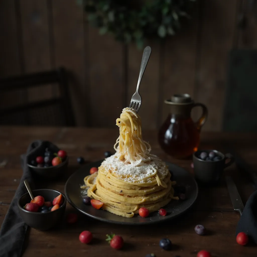 Aufgedrehte Pfannkuchen-Spaghetti als Nest auf dunklem Teller mit Puderzucker, Beeren und Ahornsirup-Krug