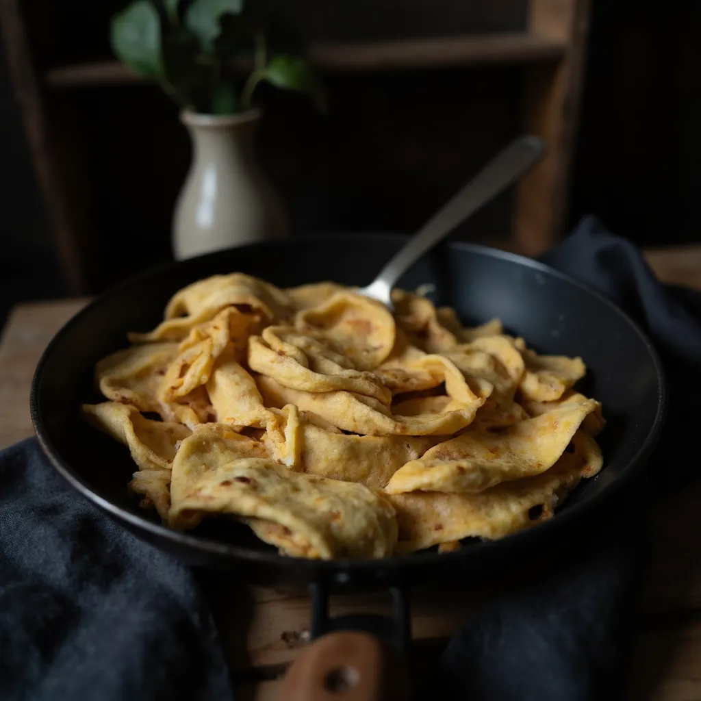 Goldbraun gebratene Pfannkuchen-Spaghetti in einer dunklen Pfanne mit Pfannenwender, knusprige Raender sichtbar