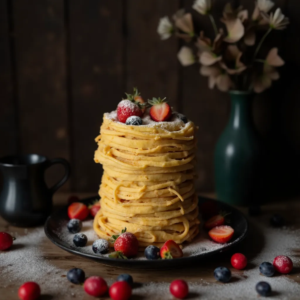 Hoher Turm aus goldenen Pfannkuchen-Spaghetti auf dunklem Keramikteller mit Puderzucker, Erdbeeren und Blaubeeren