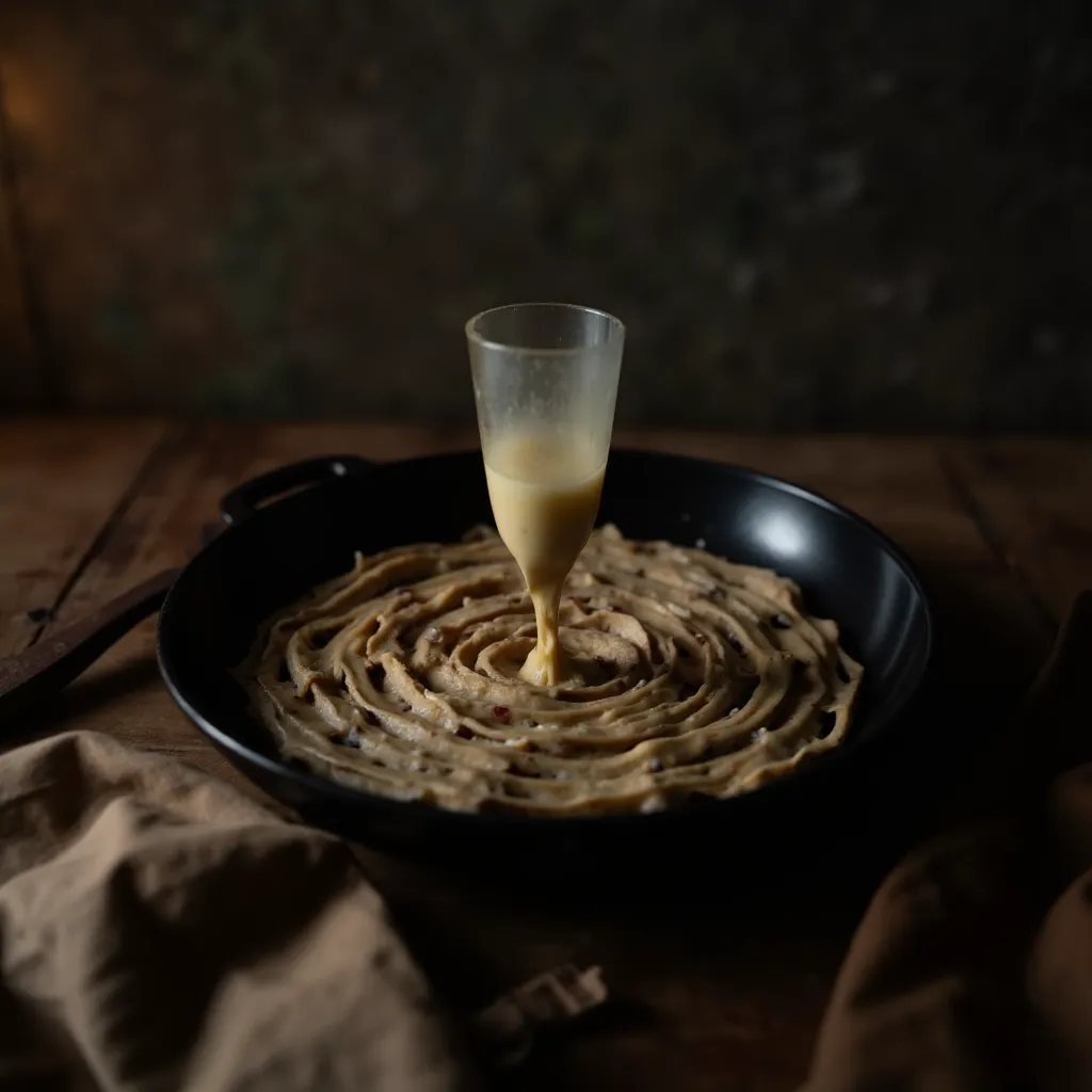 Pfannkuchenteig wird aus einer Spritzflasche in spiralfoermigen Straengen in eine heisse Pfanne gedrueckt