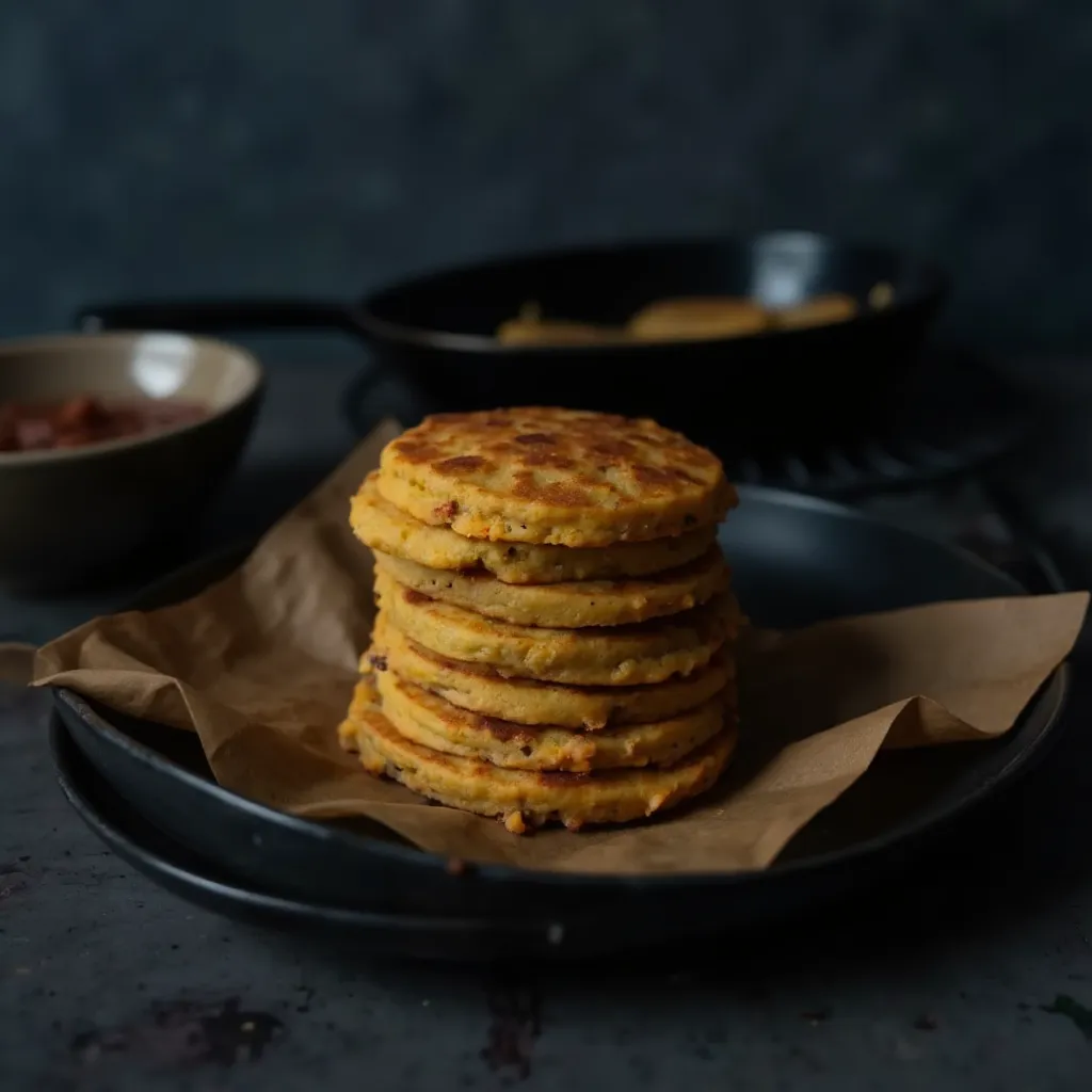 Gestapelte goldbraune Pfannkuchen-Portionen auf Backpapier, im Hintergrund eine Pfanne mit frischer Portion