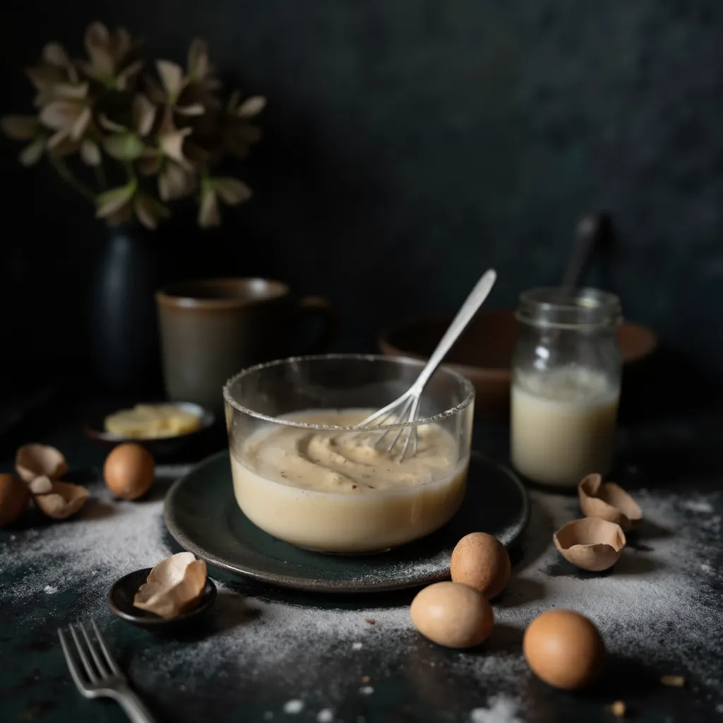 Glatter Pfannkuchenteig in einer Glasschuessel mit Schneebesen, daneben Eierschalen, Milch und geschmolzene Butter