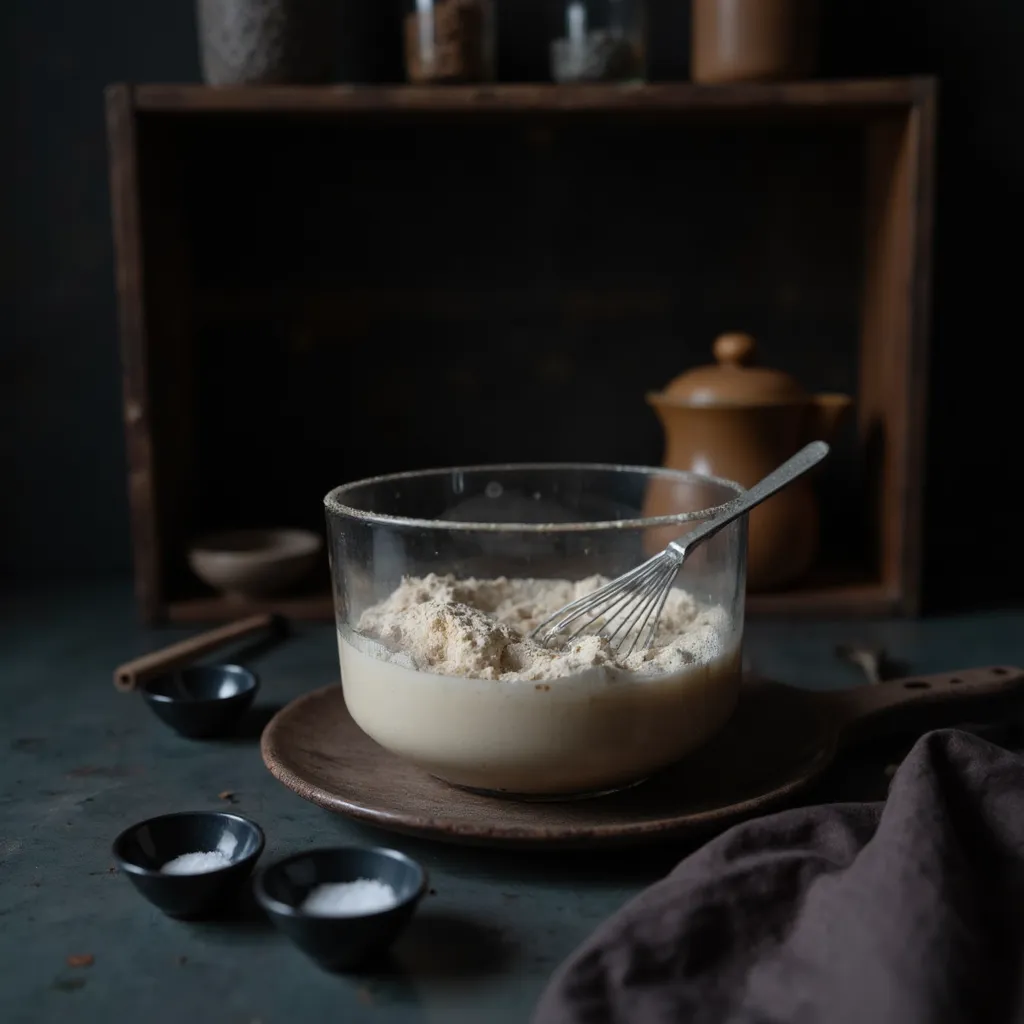 Glasschuessel mit Mehl und Backpulver fuer Pfannkuchen-Spaghetti, daneben kleine Schaelchen mit abgemessenen Zutaten