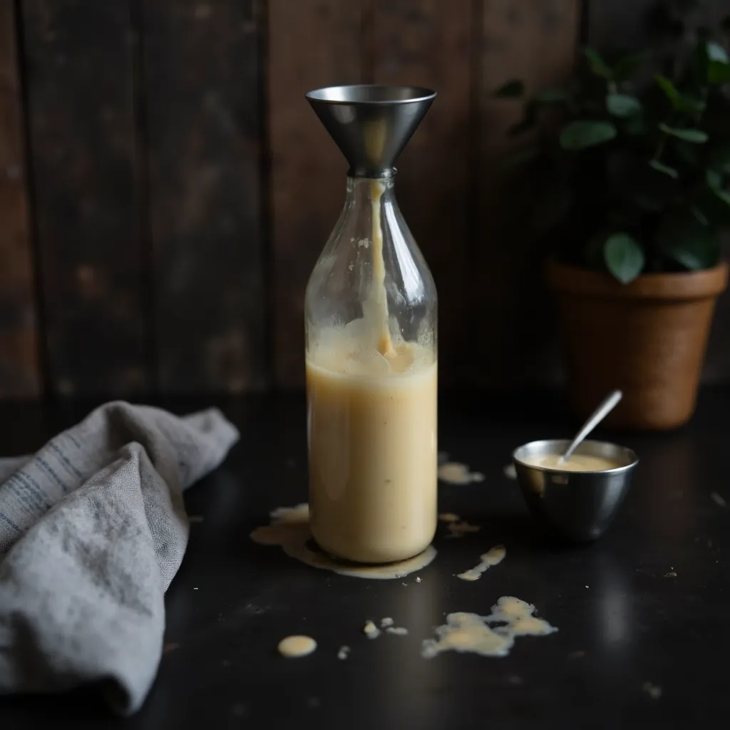 Spritzflasche mit Pfannkuchenteig und Metalltrichter auf dunkler Arbeitsflaeche, kleine Teigspritzer drumherum