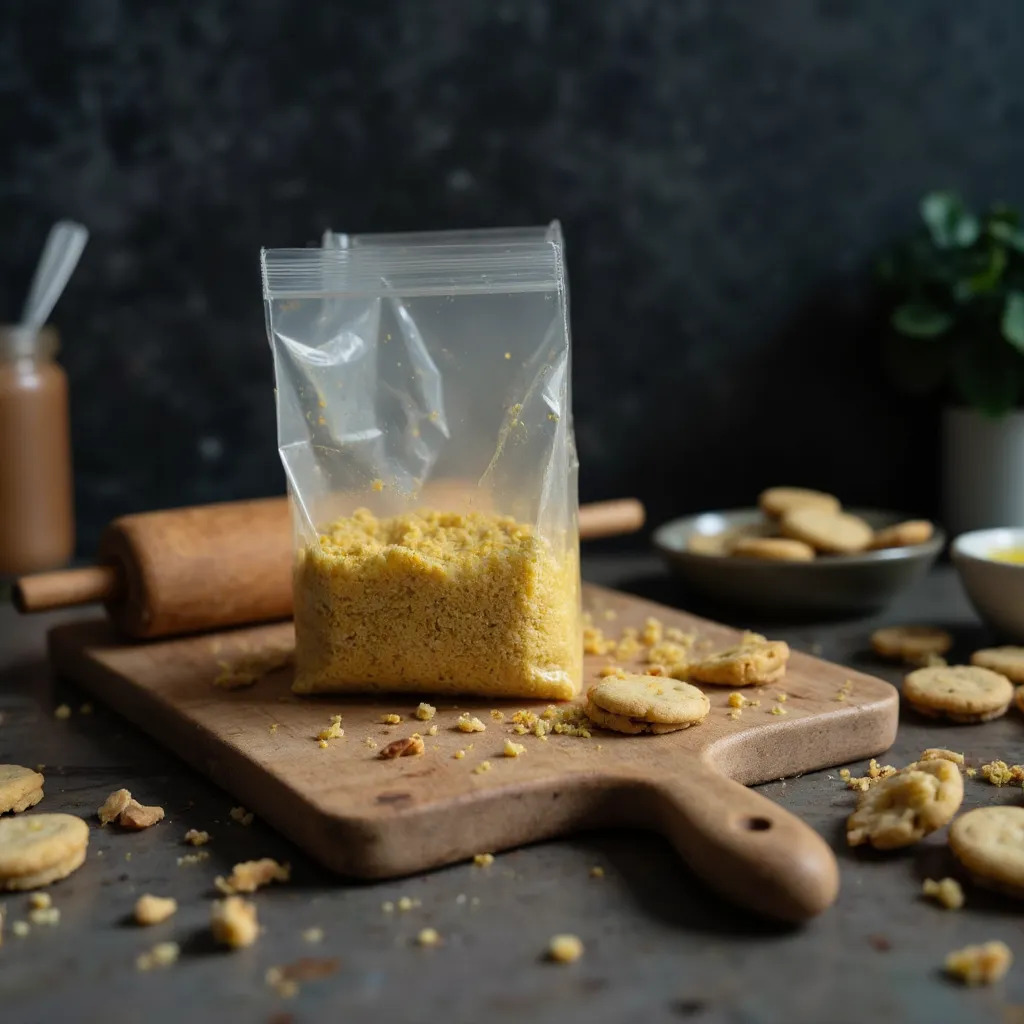 Zerbroeselte Butterkekse in einer Schuessel mit geschmolzener Butter fuer den Cheesecake-Boden vermischt