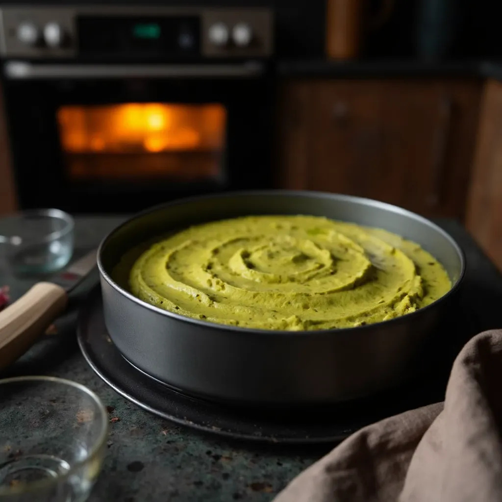 Gruene Pistazien-Cheesecake-Masse wird vorsichtig auf den Keksboden in der Springform gegossen