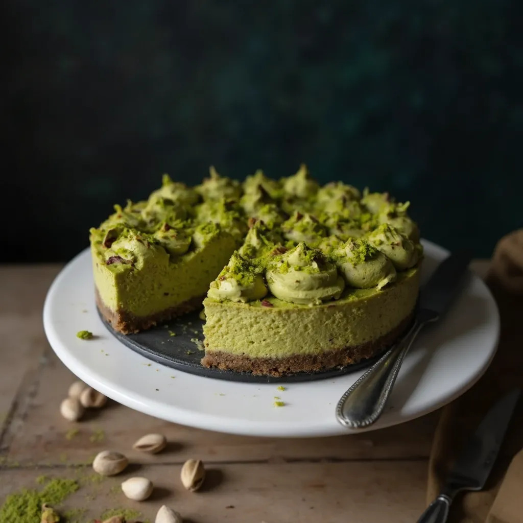 Fertiger Pistazien-Cheesecake auf einer Servierplatte mit Pistaziencreme-Swirls und gehackten Pistazien dekoriert
