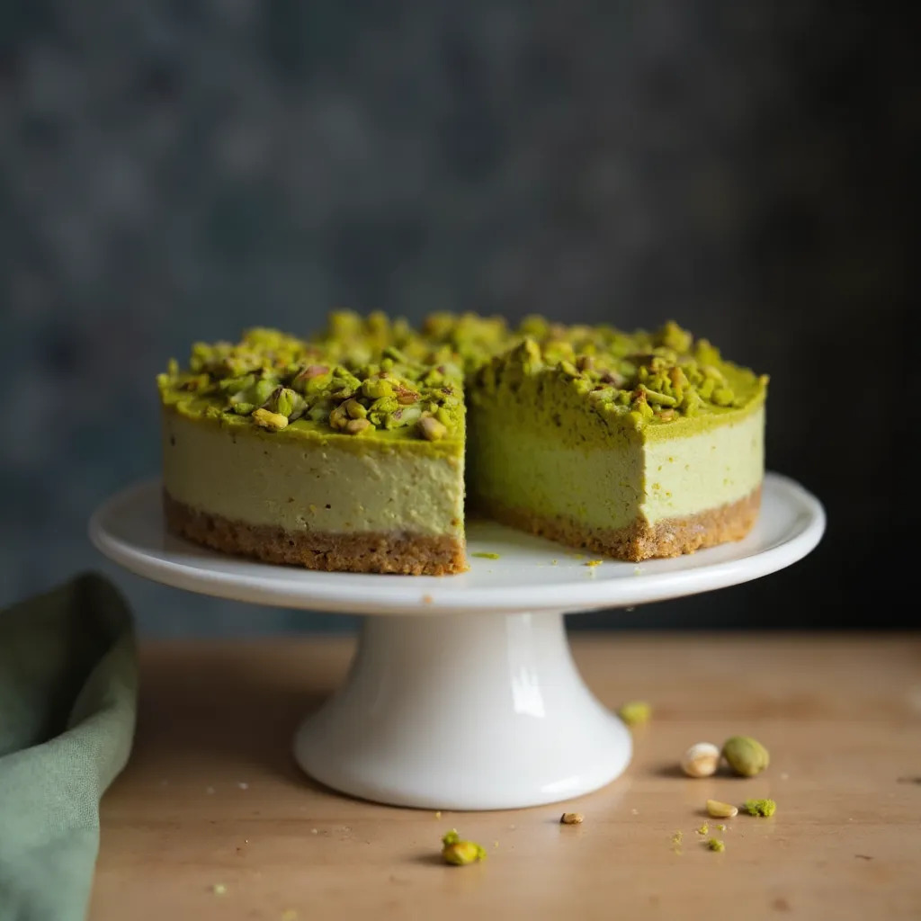 Cremiger Pistazien-Cheesecake mit gruenem Pistaziencreme-Topping und gehackten Pistazien auf weisser Servierplatte