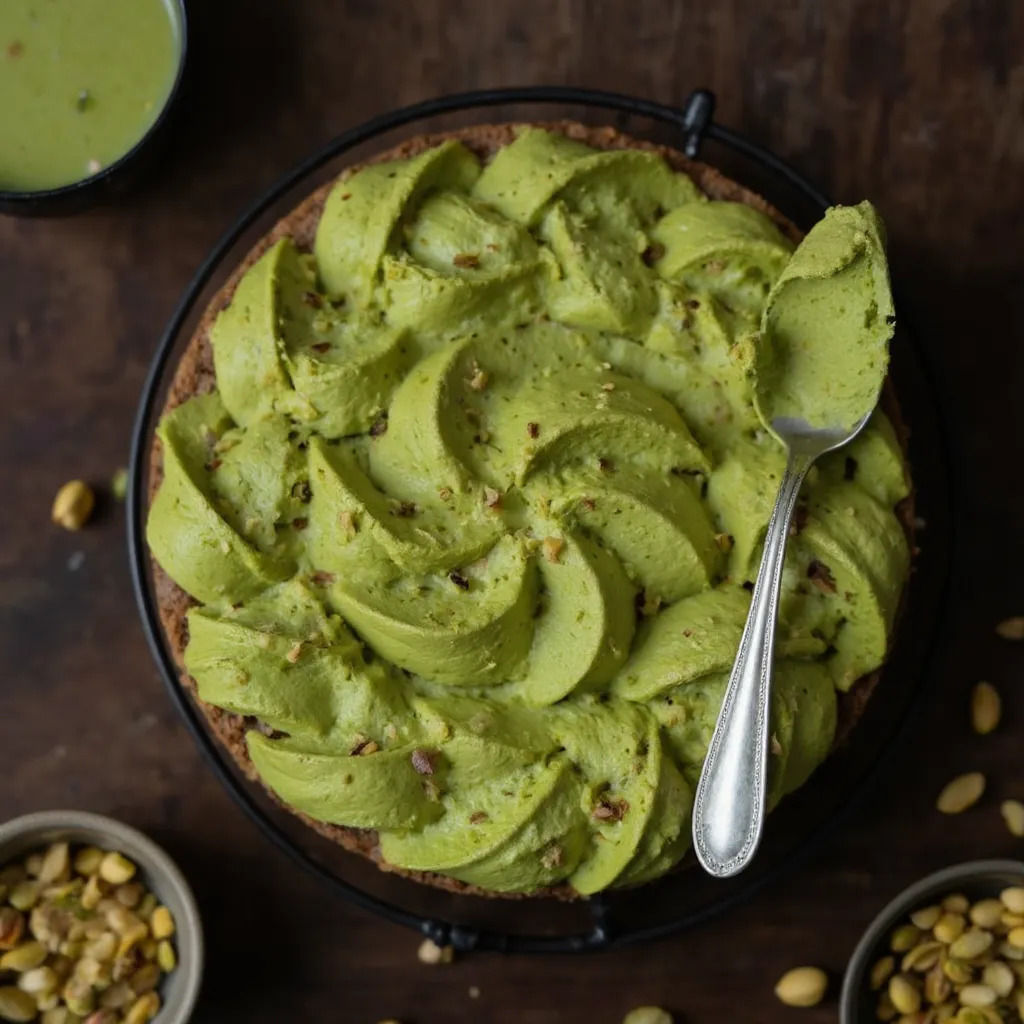 Erwaermte Pistaziencreme wird loeffelweise als Topping auf dem gekuehlten Pistazien-Cheesecake verteilt