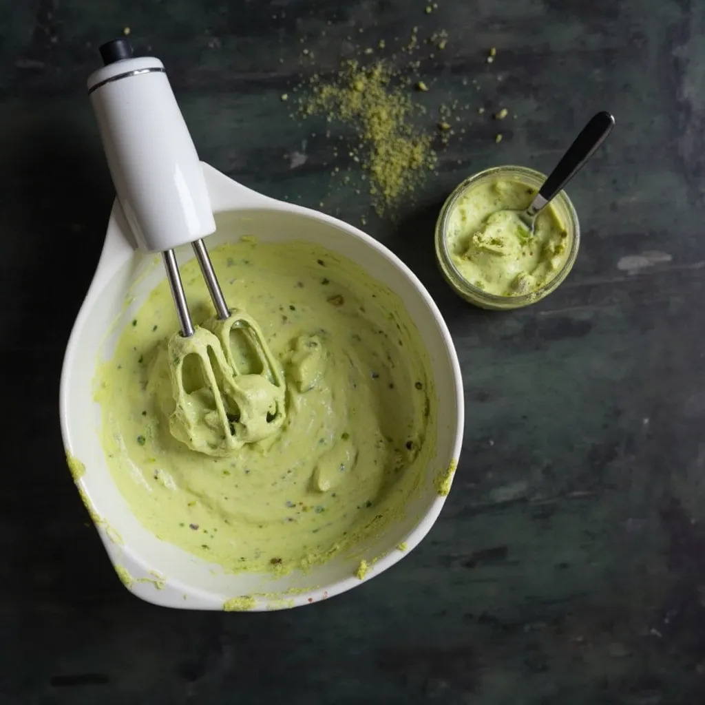 Hellgruene Frischkaesemasse mit eingerueherter Pistaziencreme in einer grossen Ruehrschuessel