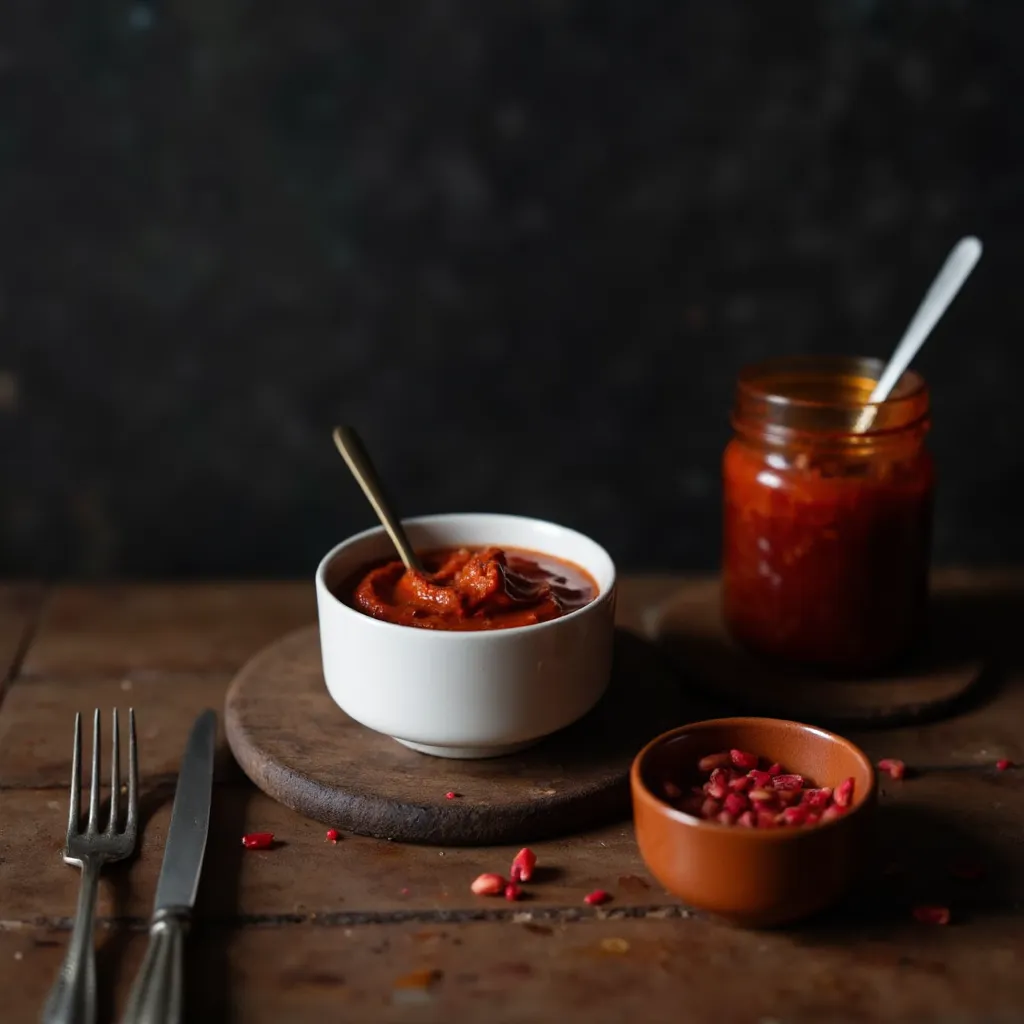 Tiefrote Gochujang-Gewürzpaste wird in einer weißen Schüssel mit einem Löffel glatt gerührt, daneben Chiliflocken