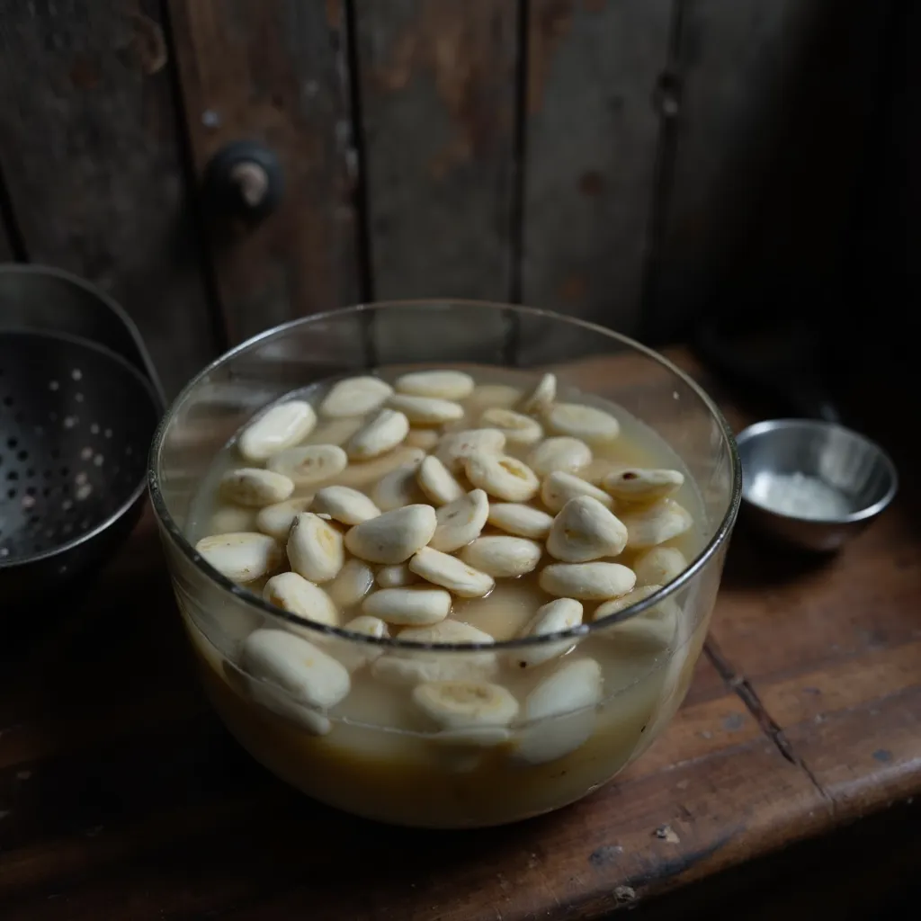 Koreanische Reiskuchen werden in einer Glasschüssel mit warmem Wasser eingeweicht, daneben ein Sieb auf Holzuntergrund