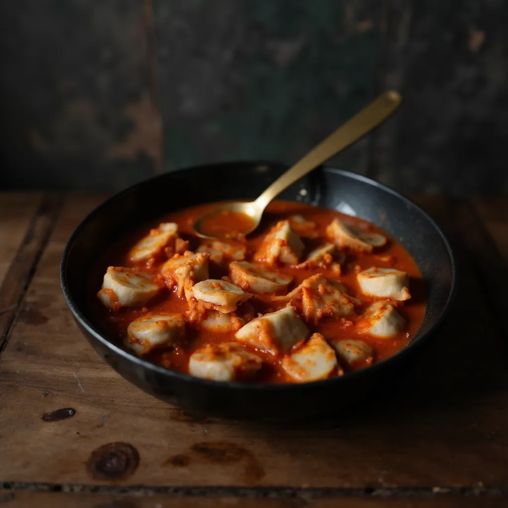 Koreanische Reiskuchen köcheln in dicker roter Gochujang-Sauce mit sichtbarem Löffel auf rustikalem Holzuntergrund