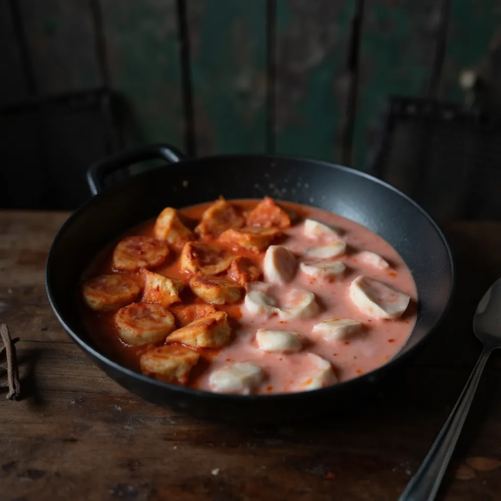 Sahne wird in rote Gochujang-Sauce eingerührt und verwandelt sie in eine cremig-rosa Rosé-Sauce mit sichtbaren Wirbelmustern