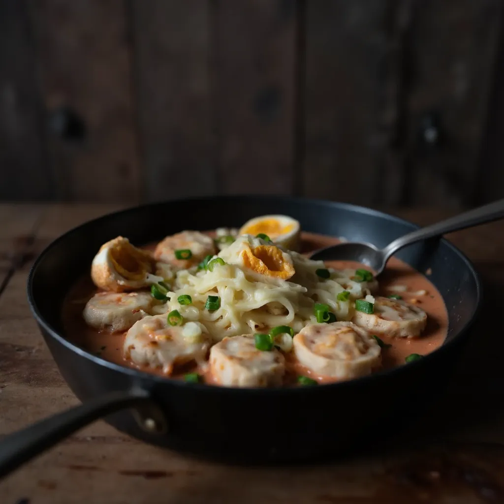 Cremiges Rosé Tteokbokki mit Reiskuchen in rosa Gochujang-Sahne-Sauce, geschmolzenem Käse und Frühlingszwiebeln