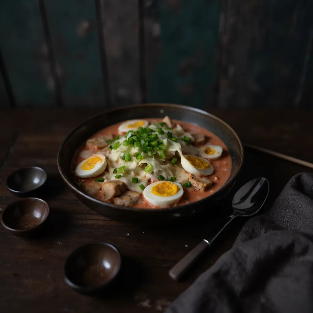 Fertiges Rosé Tteokbokki in einer Schüssel mit halbierten Eiern, geschmolzenem Käse, Frühlingszwiebeln und Sesam