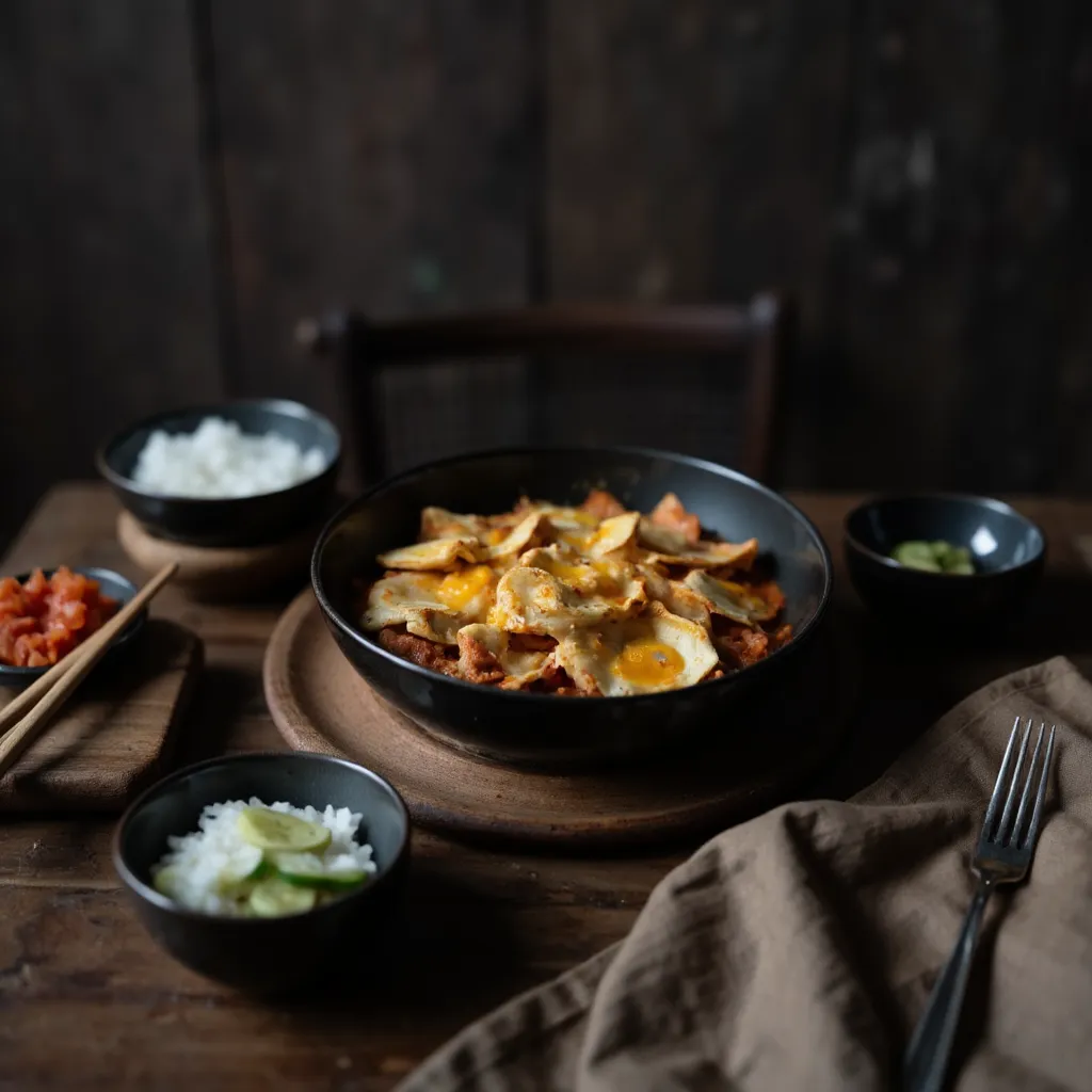 Rosé Tteokbokki in einer Schüssel serviert mit Reis und Kimchi als Beilagen, Stäbchen und Serviette auf dunklem Tisch