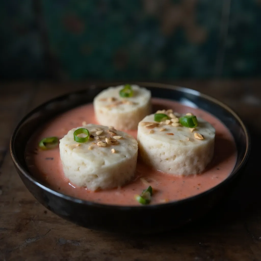 Nahaufnahme von drei Reiskuchen in cremig-rosa Rosé-Sauce mit Sesamkörnern und Frühlingszwiebeln, geringe Schärfentiefe