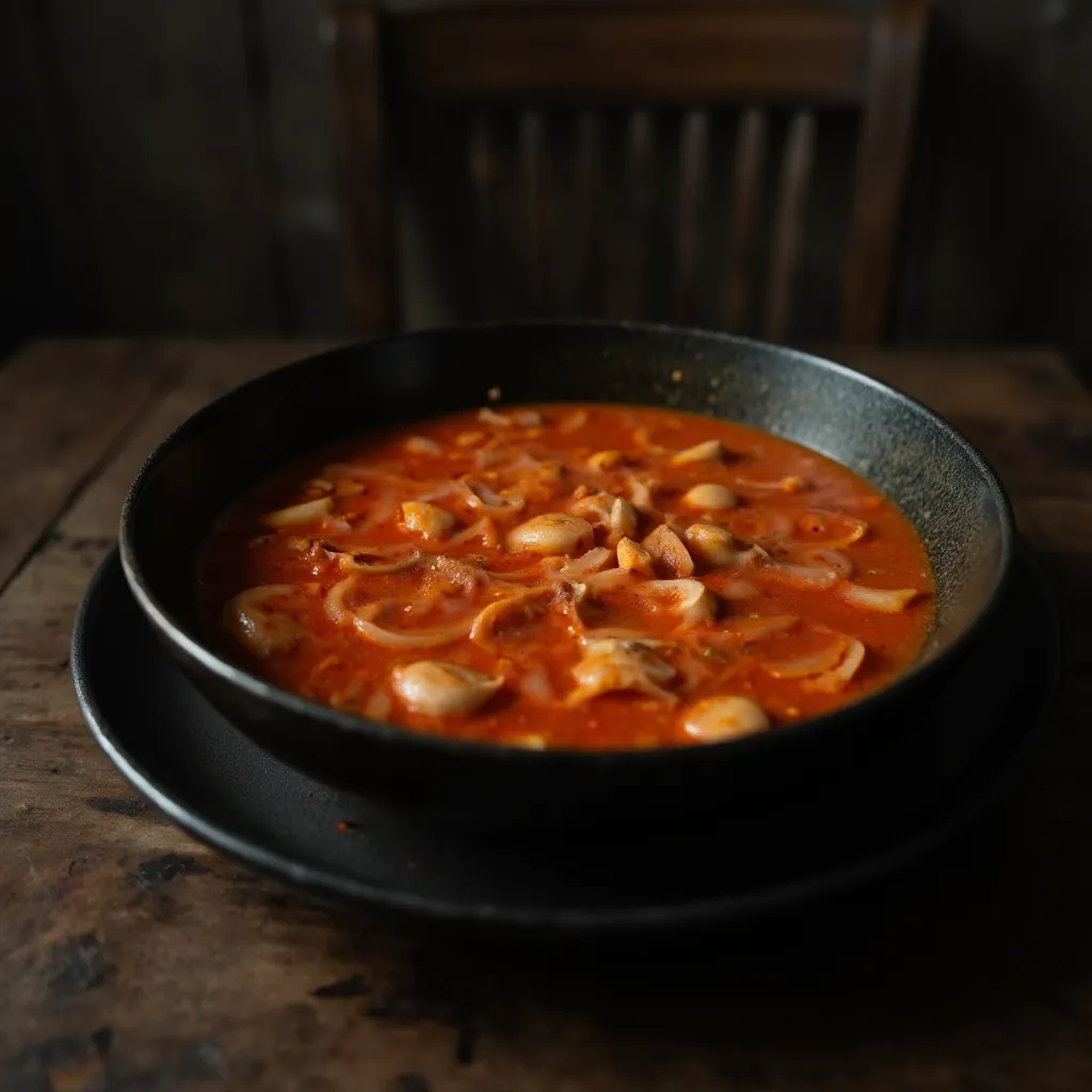 Leuchtend rote Gochujang-Sauce blubbert in einer tiefen Pfanne nach dem Ablöschen mit Brühe auf Holztisch
