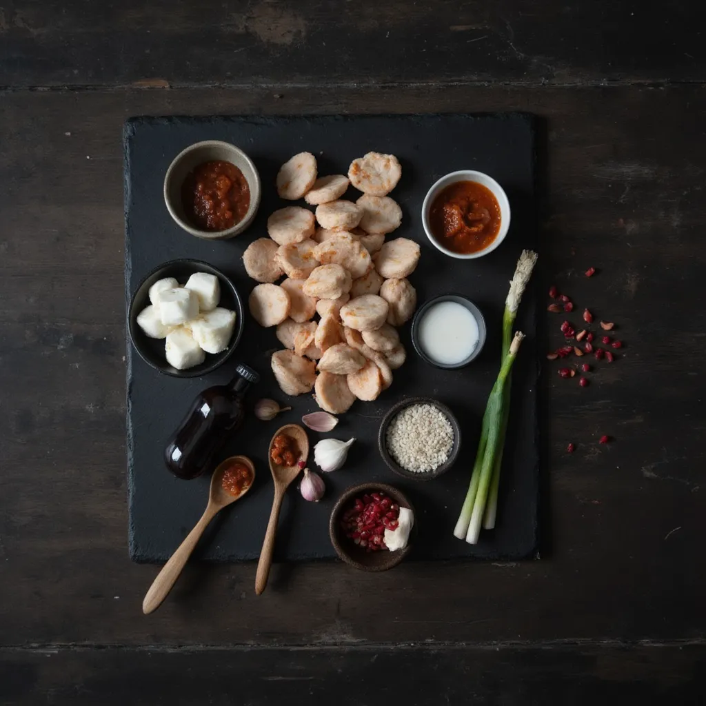 Alle Zutaten für Rosé Tteokbokki auf dunklem Schiefer: Reiskuchen, Gochujang, Sahne, Frühlingszwiebeln, Sesam und Mozzarella