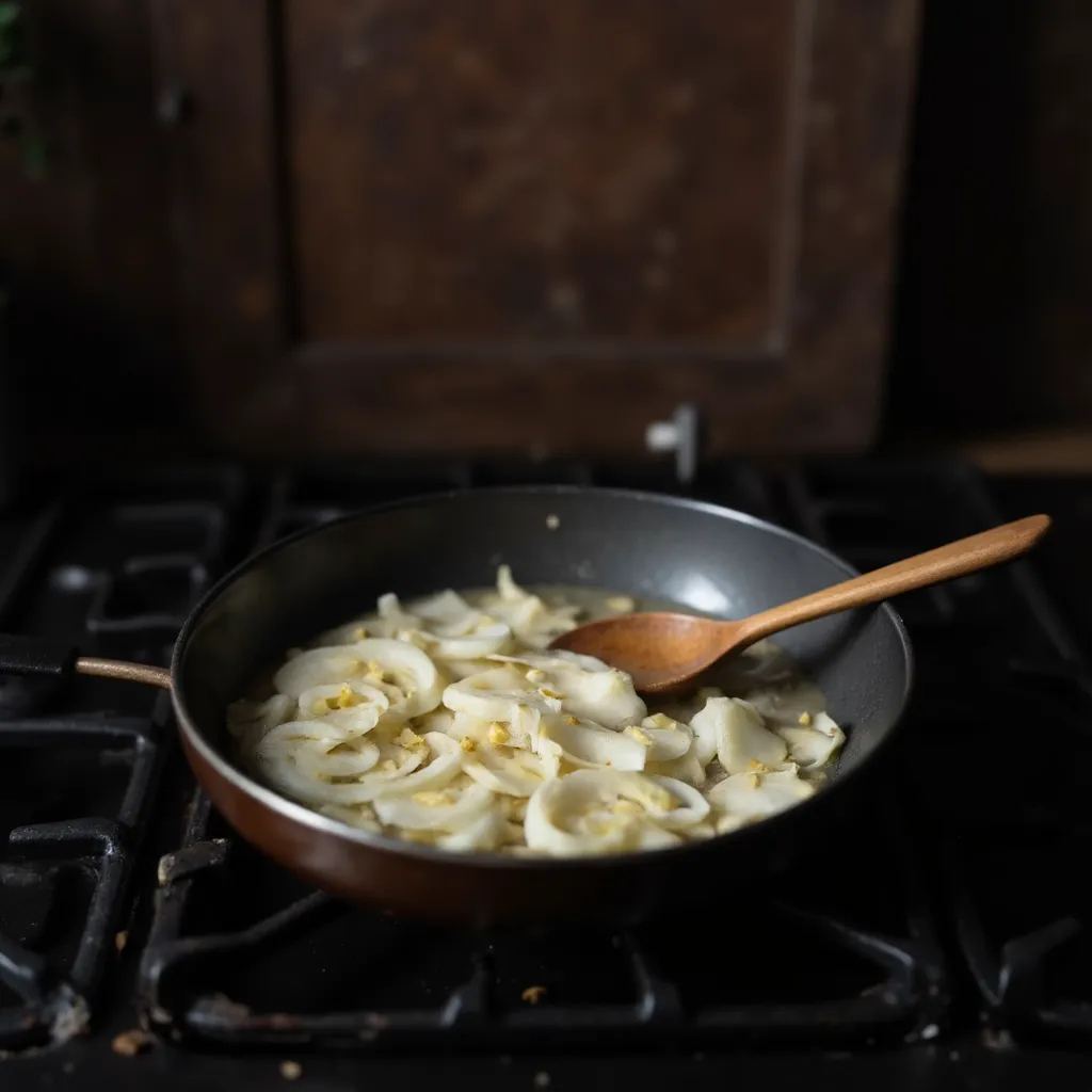 Glasige Zwiebelringe und Knoblauch werden in einer Pfanne mit Holzlöffel angeschwitzt, stimmungsvolle Beleuchtung