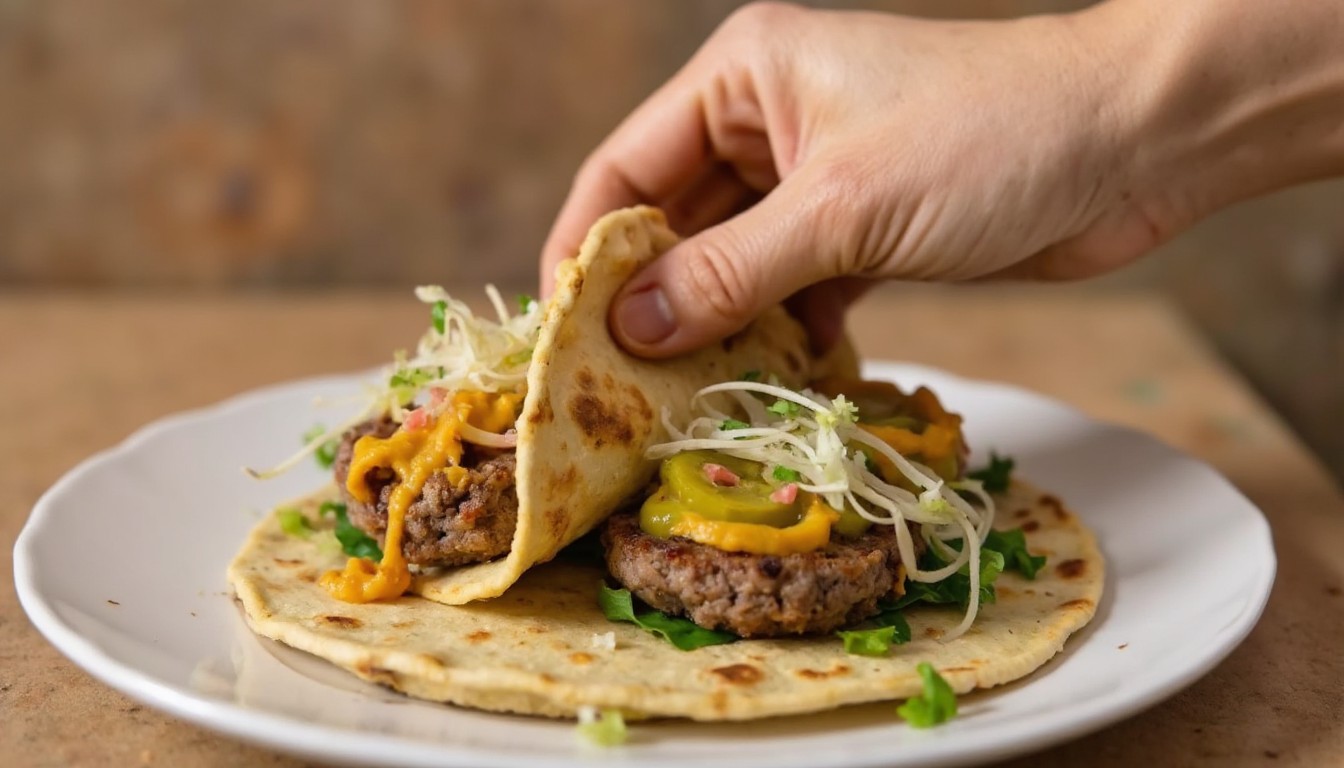 Fertiger zusammengeklappter Smash Burger Taco mit sichtbarer knuspriger Kruste und frischen Toppings