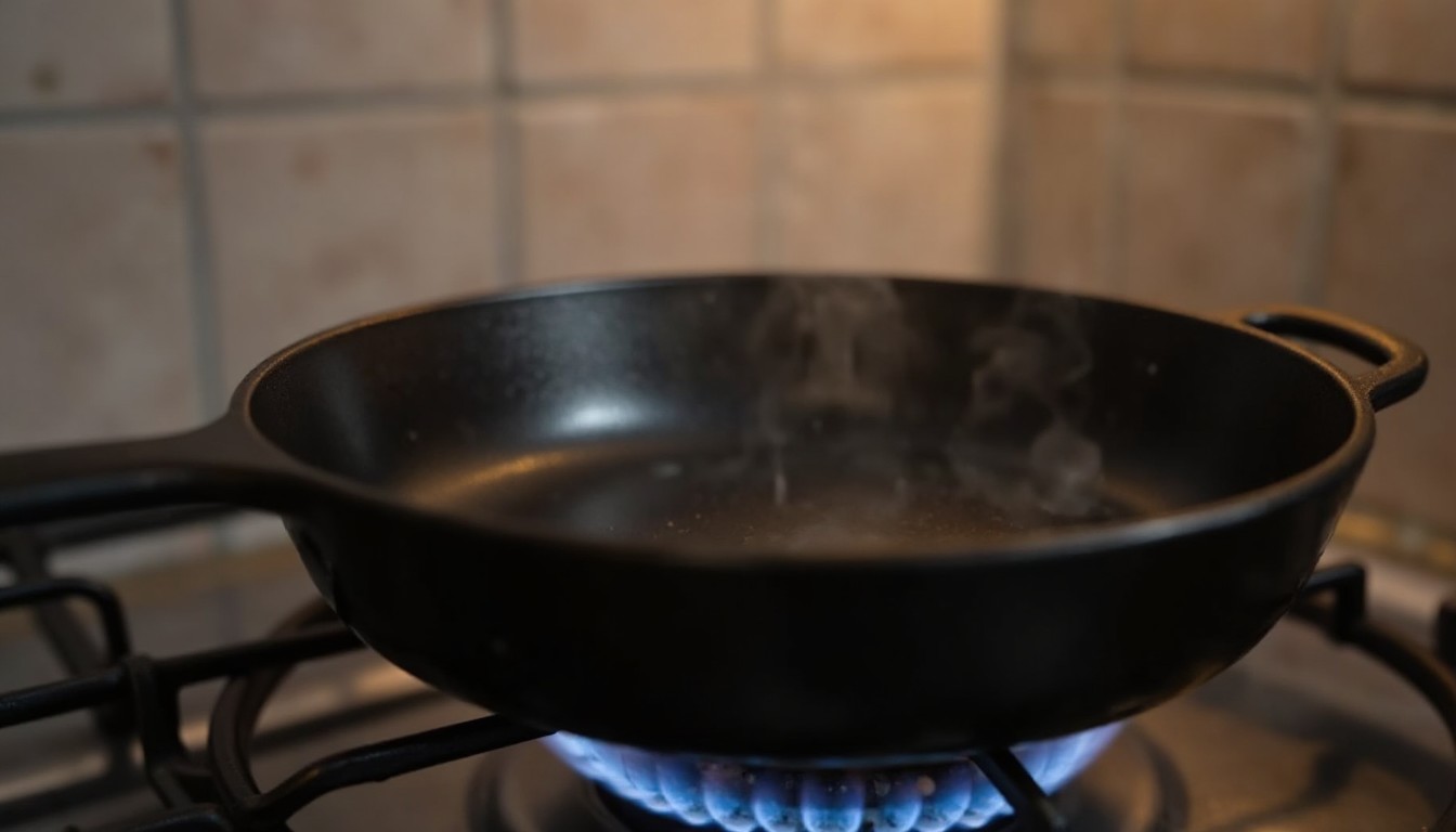 Schwarze Gusseisenpfanne auf Gasherd mit blaür Flamme und leichtem Rauch über der geölten Oberfläche