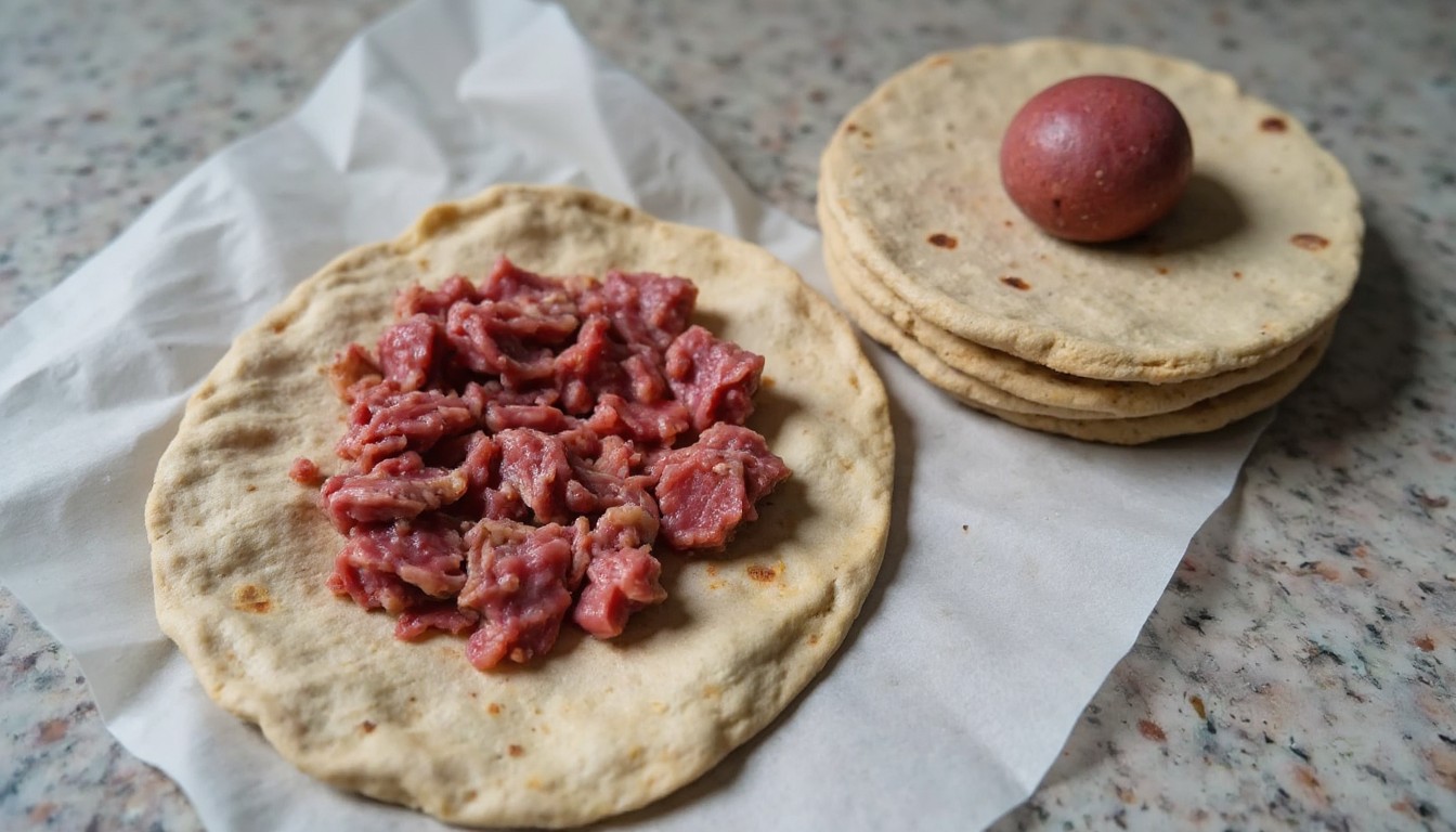 Rohes Hackfleisch wird dünn und gleichmäßig auf eine Mehltortilla gepresst für Smash Burger Tacos