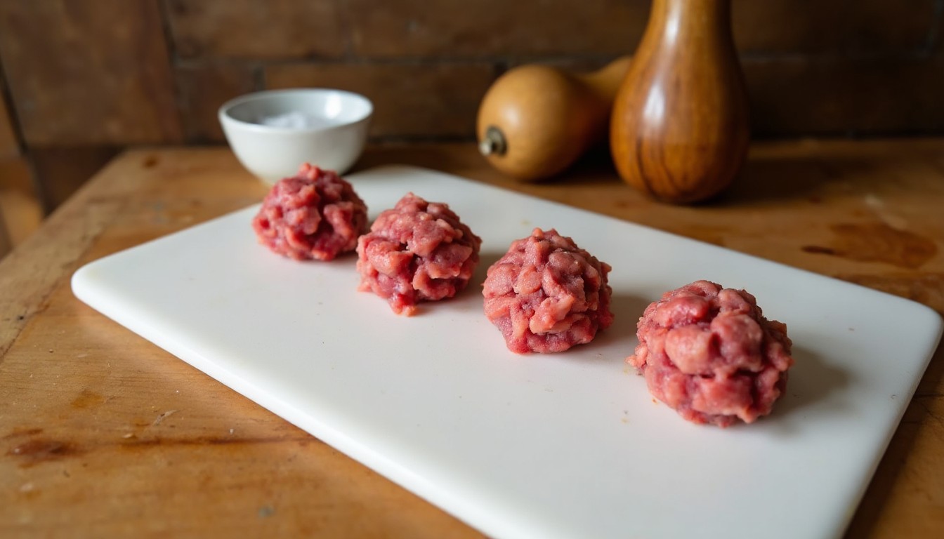 Vier gleichmäßig geformte Hackfleischkugeln auf einem weißen Schneidebrett neben Salz und Pfeffermühle