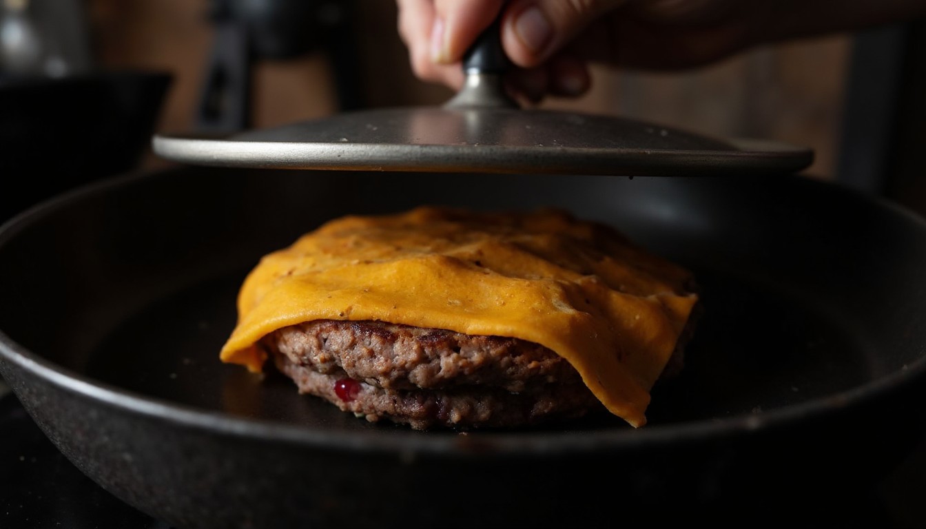 Gewendeter Smash Burger Taco in der Pfanne mit Käsescheibe die unter einem Deckel schmilzt